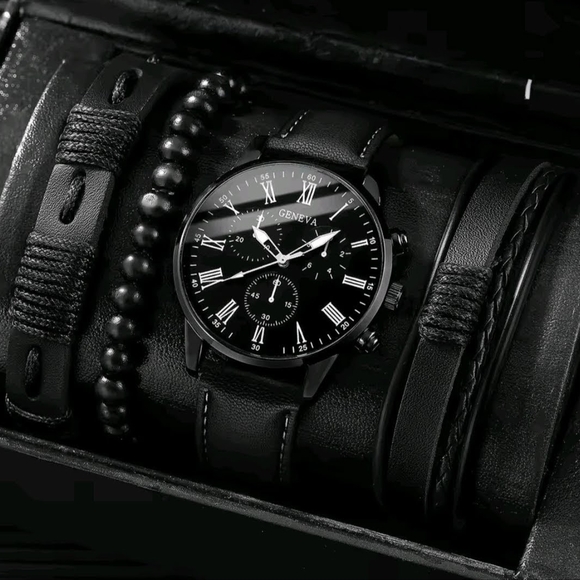 Black Geneva Men's Watch and Bracelet Set - Picture 1 of 5